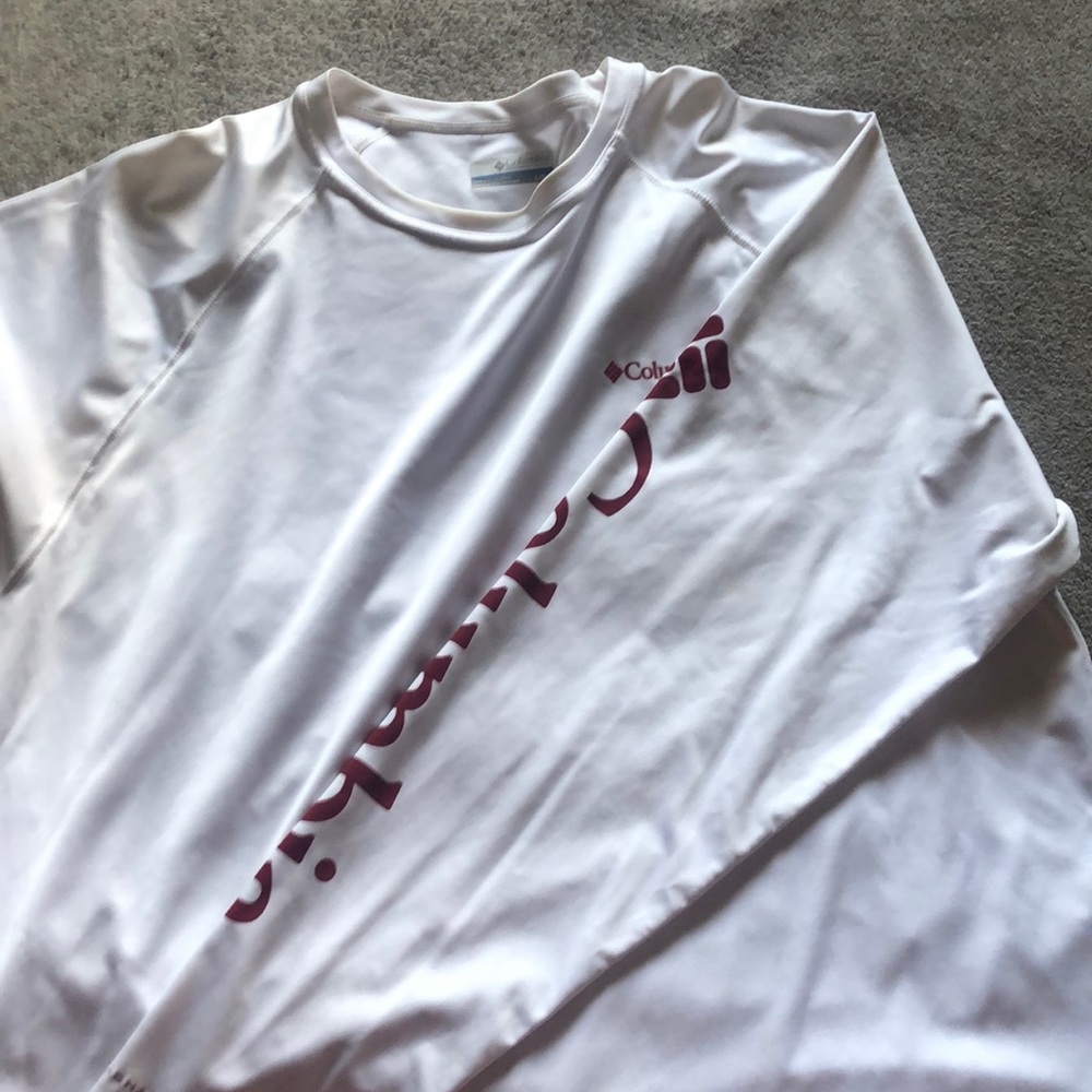 White long sleeve Columbia shirt w flag on back